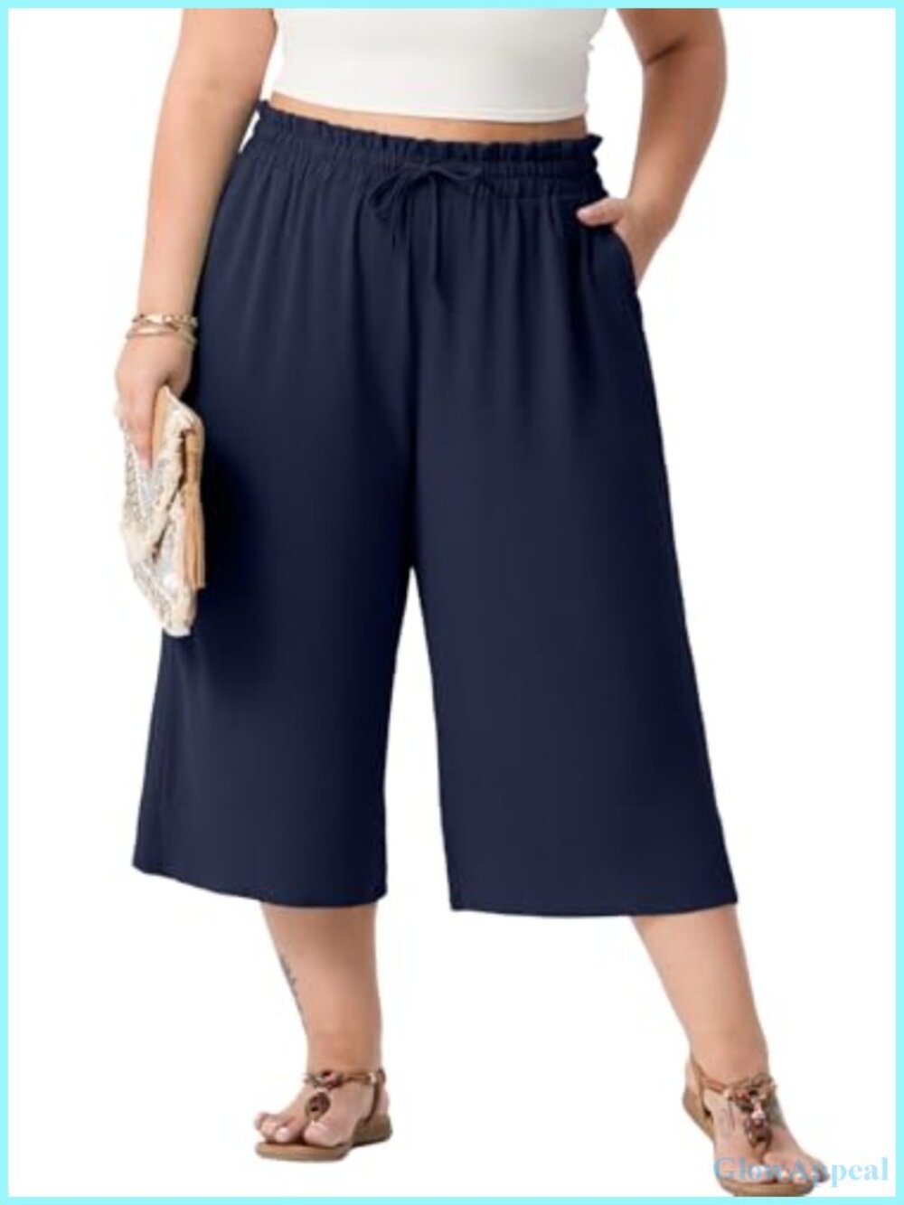 Plus Size Wide Leg Capris High Waist Drawstring Pockets Casual Summer